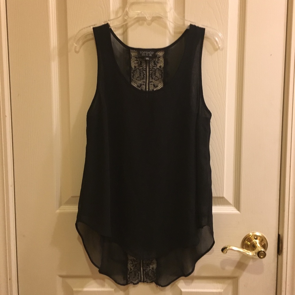 Topshop Black Flowy Tank with Lace Trim
